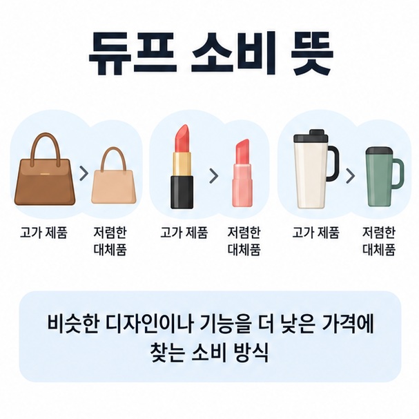 듀프 소비 뜻과 고가 브랜드 제품 대신 저렴한 대체품을 선택하는 소비 방식을 설명한 이미지