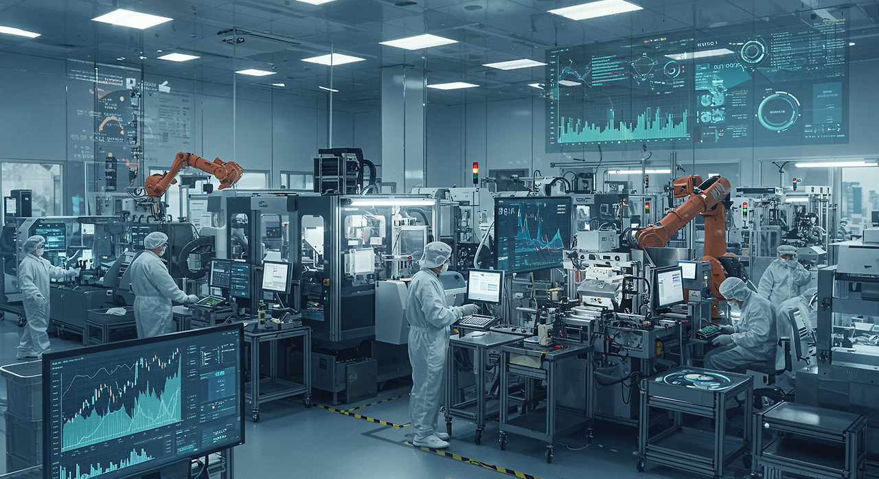 한국의 최첨단 반도체 공장에서 근무복을 입은 직원들이 첨단 장비를 조작하는 모습