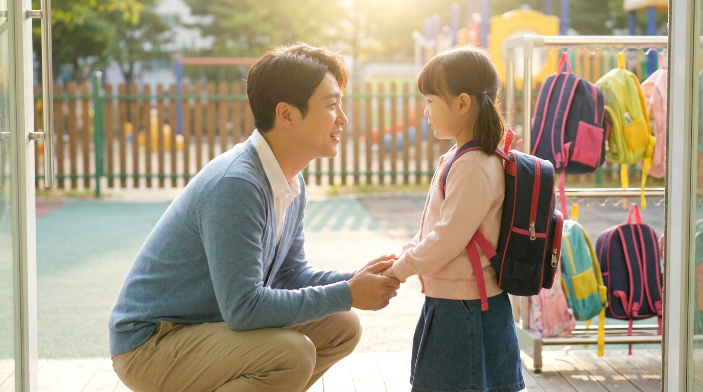 유치원 앞에서 인사하는 아빠와 아이