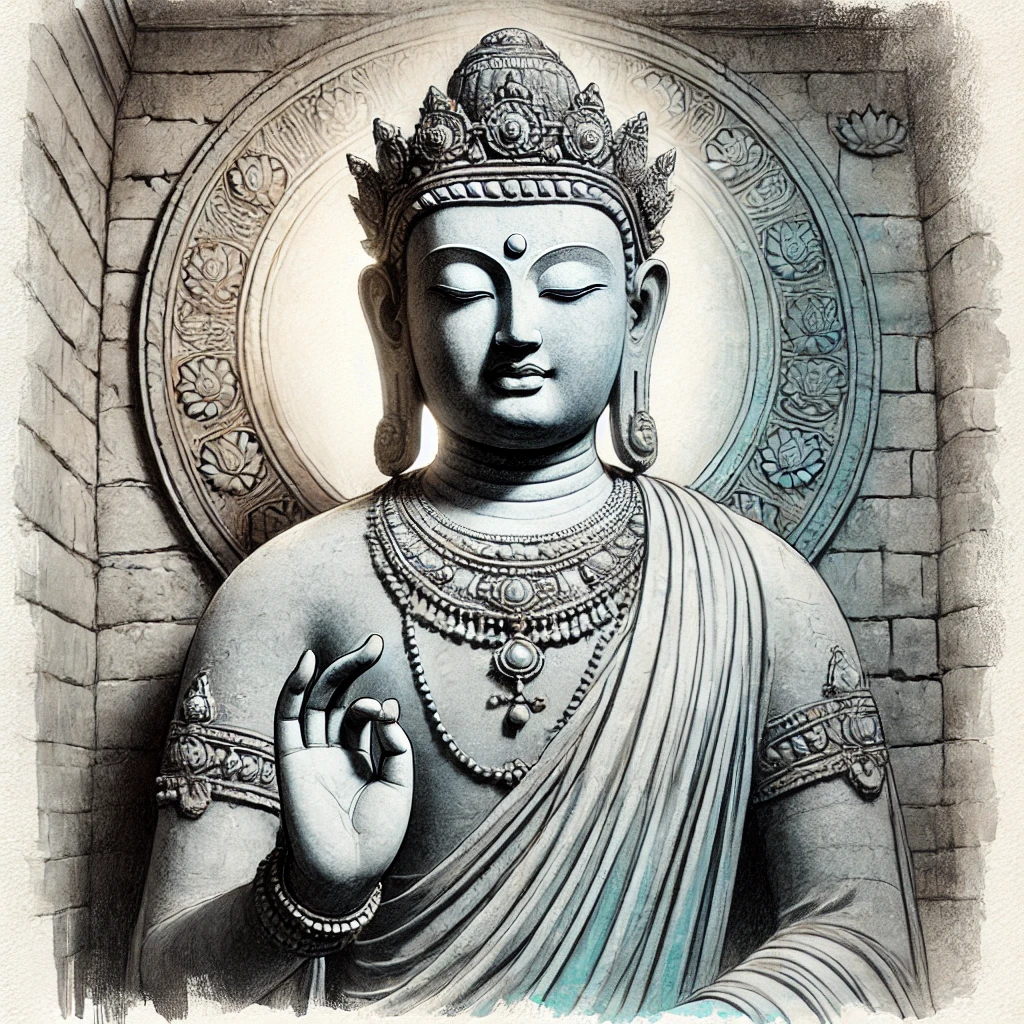 부드럽고 평온한 표정의 보살이 헬레니즘 조각