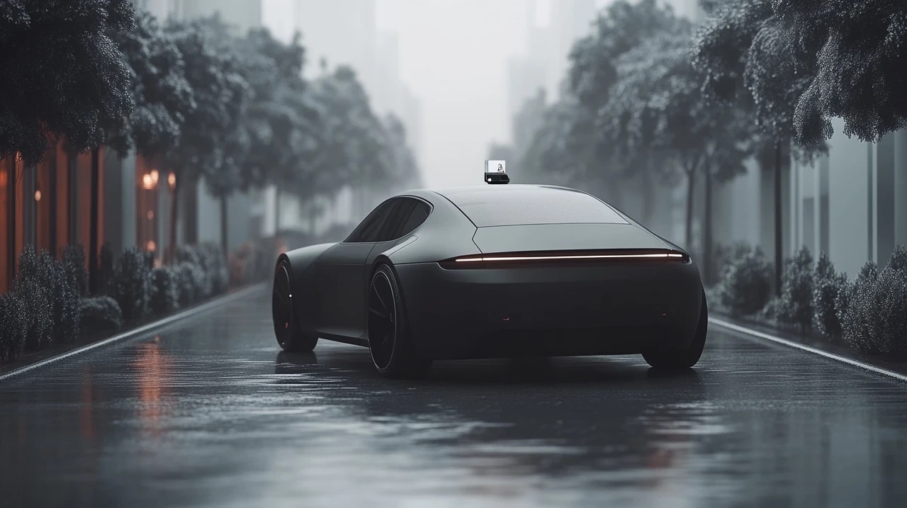 현대 도시에서 AI 기술로 운영되는 자율주행 자동차가 매끄럽게 이동하며 진보와 세련미를 보여줍니다.