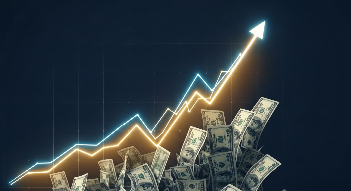 지폐와 동전이 쌓이고 재정 그래프가 상승하는 모습