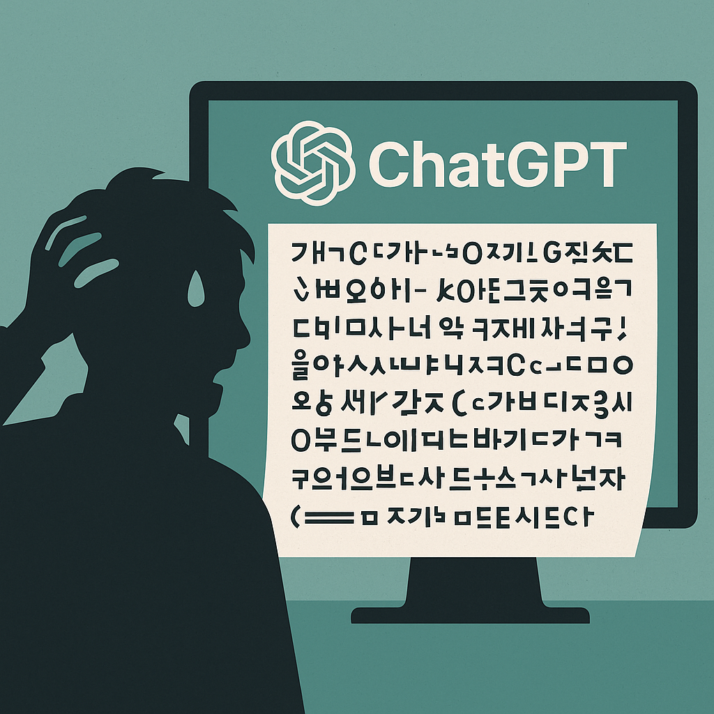 챗GPT-로고가-보이는-모니터에서-깨진-한글-문서가-출력되고-있고,-그-앞에서-당황하는-사람의-실루엣-일러스트