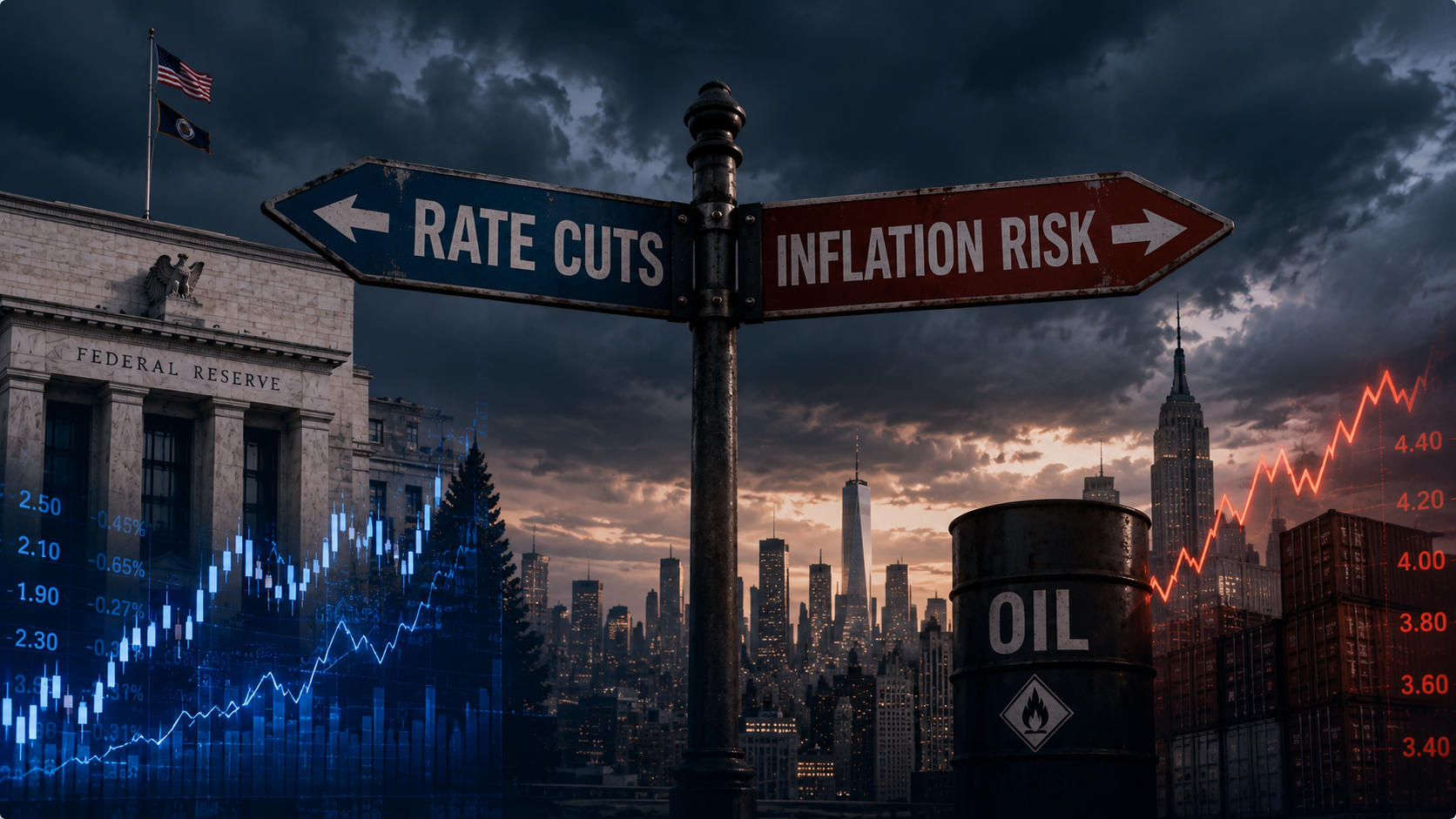 Financial concept image showing tension between rate cuts and inflation risk.