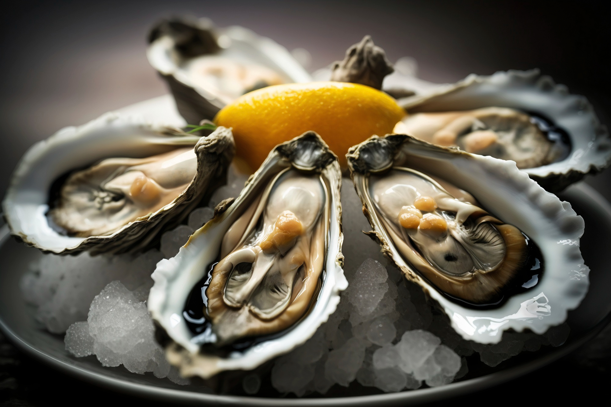 동그란 그릇 위에 얼음을 가득 깔고, 그 위에 손질을 해놓은 굴을 6개 동그랗게 깔고, 그 가운데에 레몬을 장식한 사진
