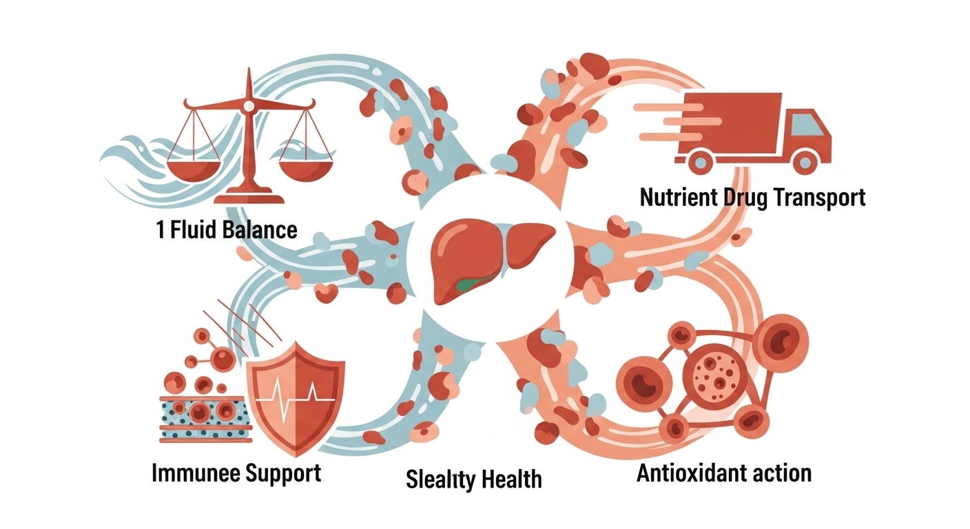 체액 균형, 영양소 운반, 항산화 작용, 면역력 강화, 간 건강 등 알부민의 5가지 핵심 역할을 시각적으로 표현한 그림