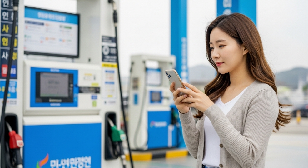 셀프 주유소 앞에서 스마트폰으로 확인 중인 여성