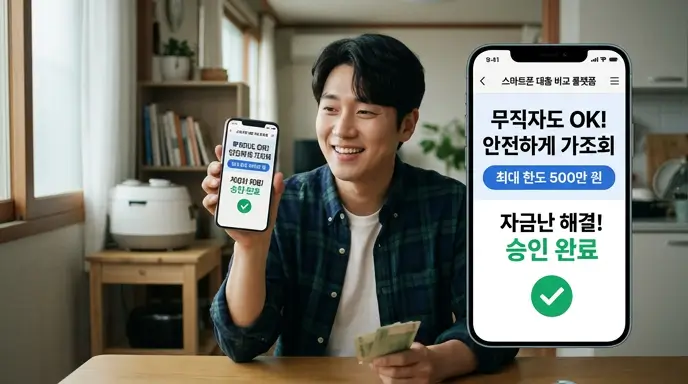 스마트폰 대출 비교 플랫폼으로 무직자도 안전하게 500만 원 한도를 가조회하고 자금난을 해결하여 안도하는 모습