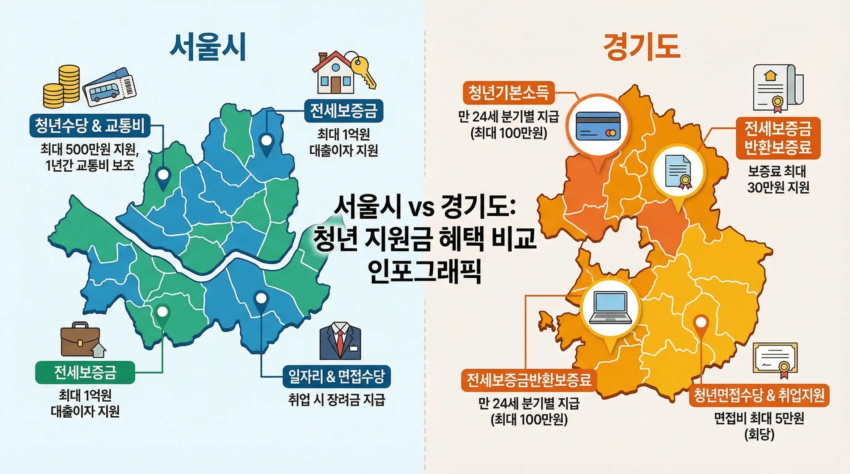 서울시와 경기도 지도 위에 각각의 청년 지원금 혜택이 아이콘으로 표시된 비교 인포그래픽