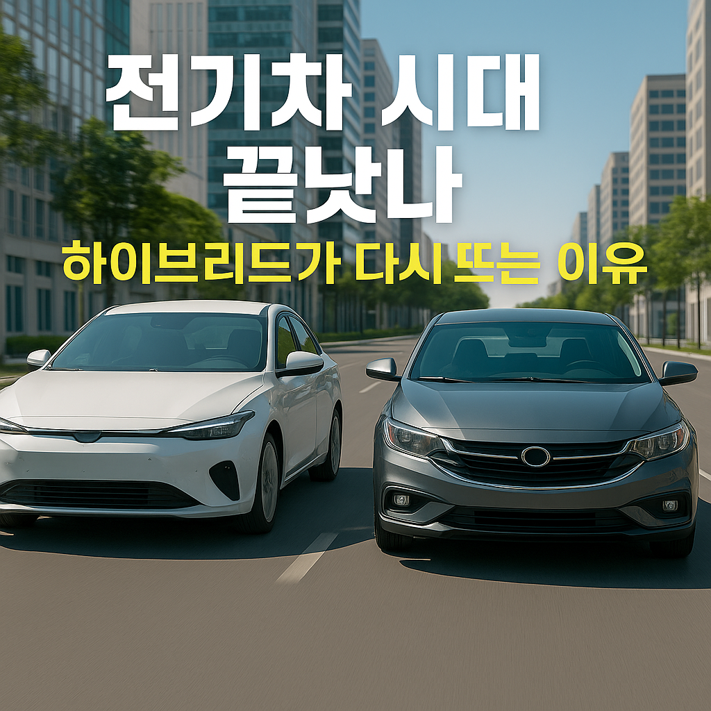 전기차 시대가 저물고 하이브리드 차량이 다시 주목받는 이유를 보여주는 썸네일 이미지. 도시 배경에서 두 대의 차량이 나란히 주행 중인 모습.