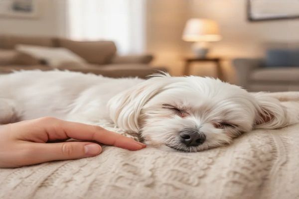 보호자의 손이 잠든 강아지의 가슴에 얹혀 호흡수를 세는 모습