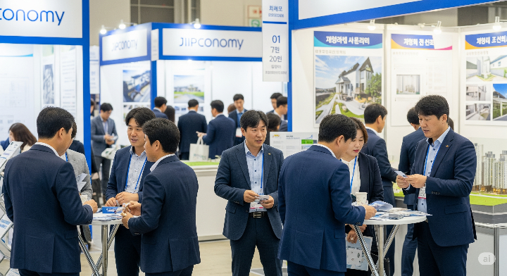 활기찬 집코노미 박람회 현장에서 참가자들이 건설사 부스에서 상담을 받거나 서로 명함을 교환하며 소통하는 모습