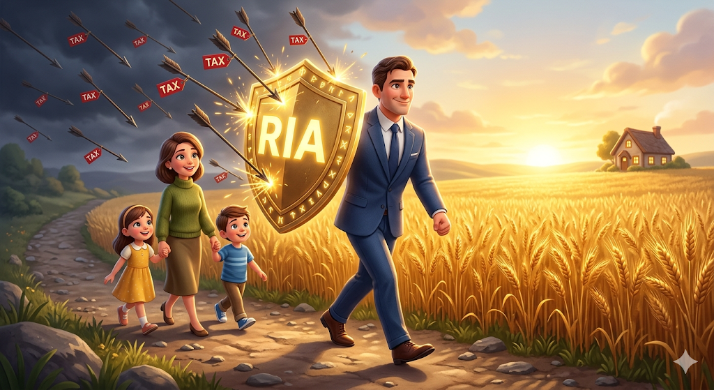 아빠가 든든한 방패(RIA 계좌)를 들고 세금 화살을 막아내며, 가족들과 함께 국내 시장의 황금빛 들판으로 걸어가는 따뜻한 3D 일러스트