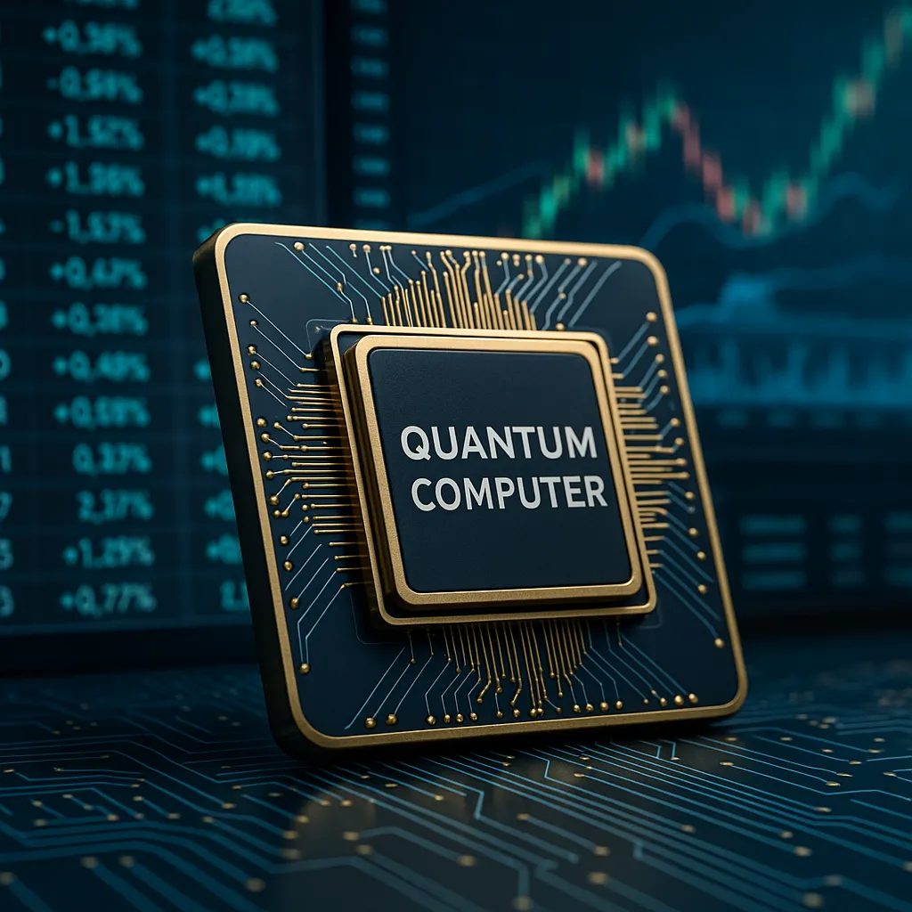 양자칩과 주식 데이터 화면의 조화된 모습