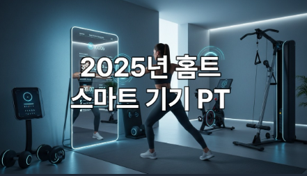 2025년 최첨단 스마트 미러 앞에서 AI 코칭을 받으며 운동하는 여성의 모습