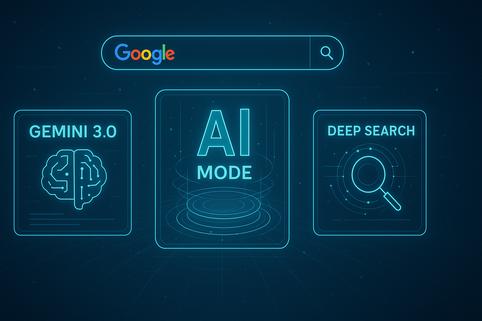 Gemini 3.0 AI search technology evolution with AI Mode and Deep Search features visualization