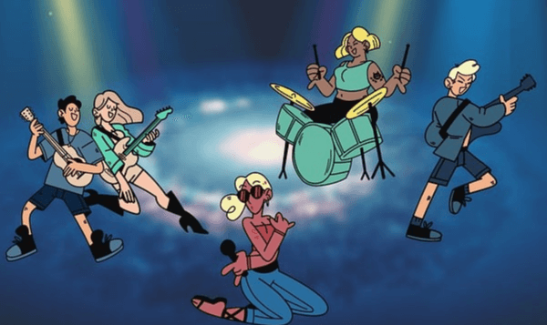 콘서트장에서 5명의 밴드 가수들이 기타와 드럼을 치고 춤 추며 노래하는 그림으로, 바탕배경은 파란색이다.