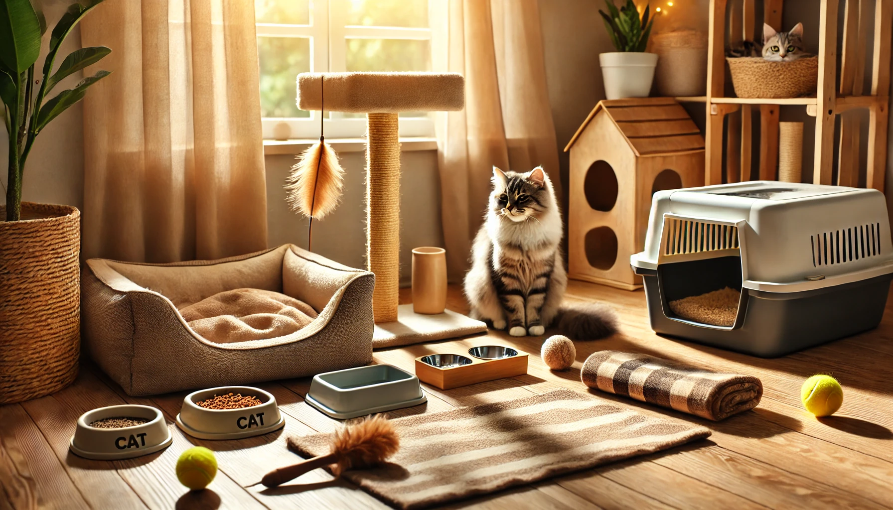 고양이 입양을 준비 중인 따뜻한 실내 공간, 고양이 용품들이 정돈되어 있고 부드러운 햇살이 비치는 분위기