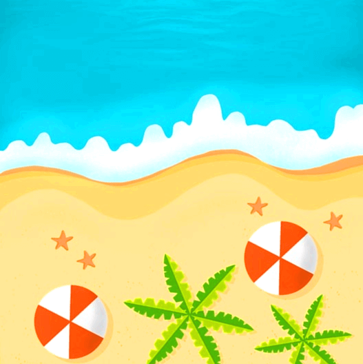 무더운 여름바다를 그린 그림이다. 파란 바다와 해변에는 둥그런 파라솔 2개와 야자수 두 그루가 있다.