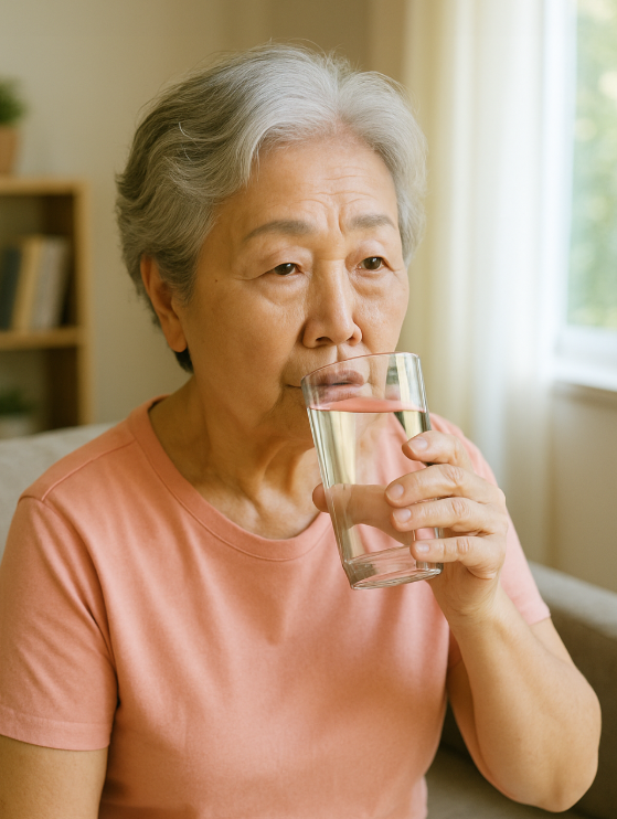 고령의 여성이 여름철 탈수를 막기위해 물을 마시는 모습