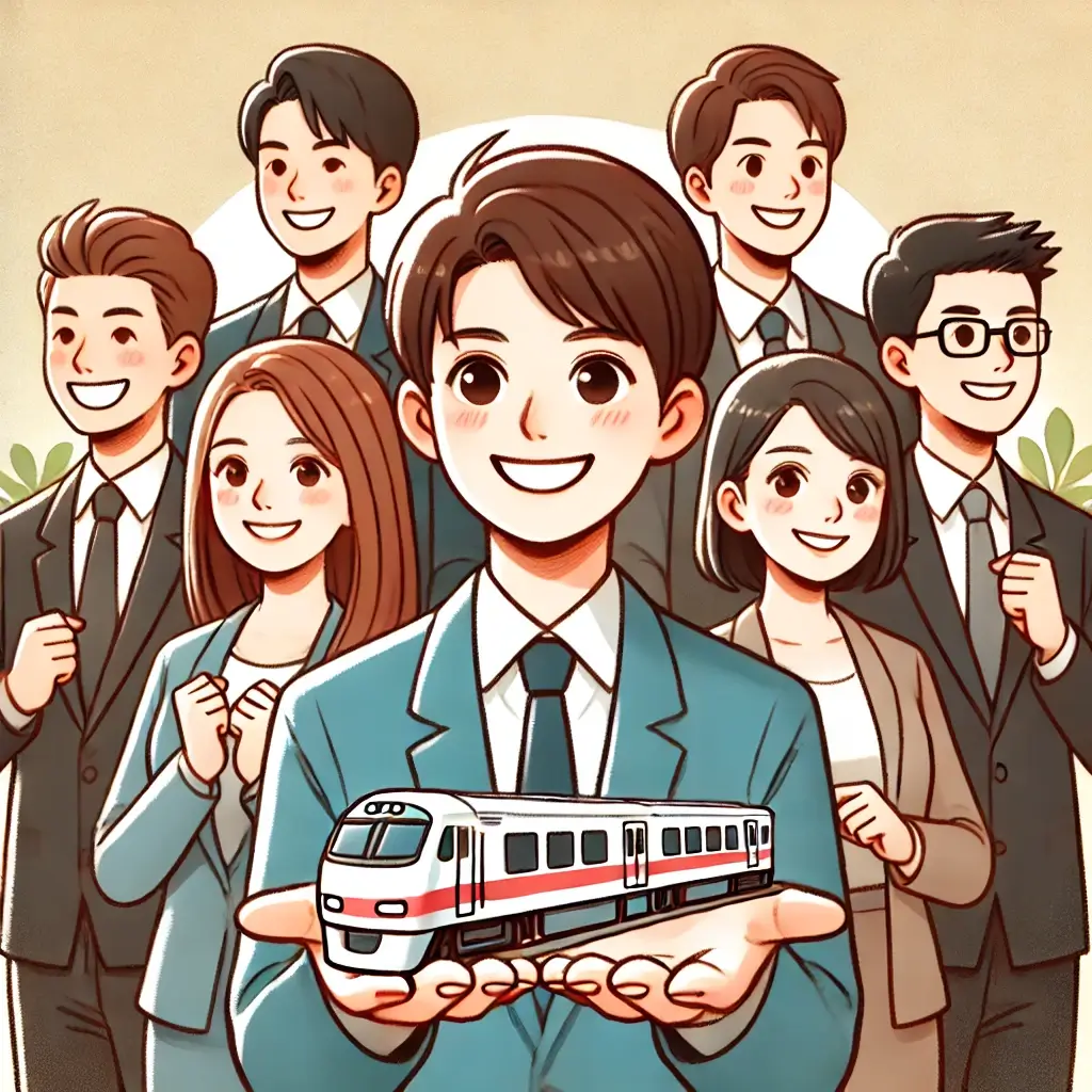 작은 열차 모형을 두 손 모아 들고 미소 짓는 신입사원들의 일러스트