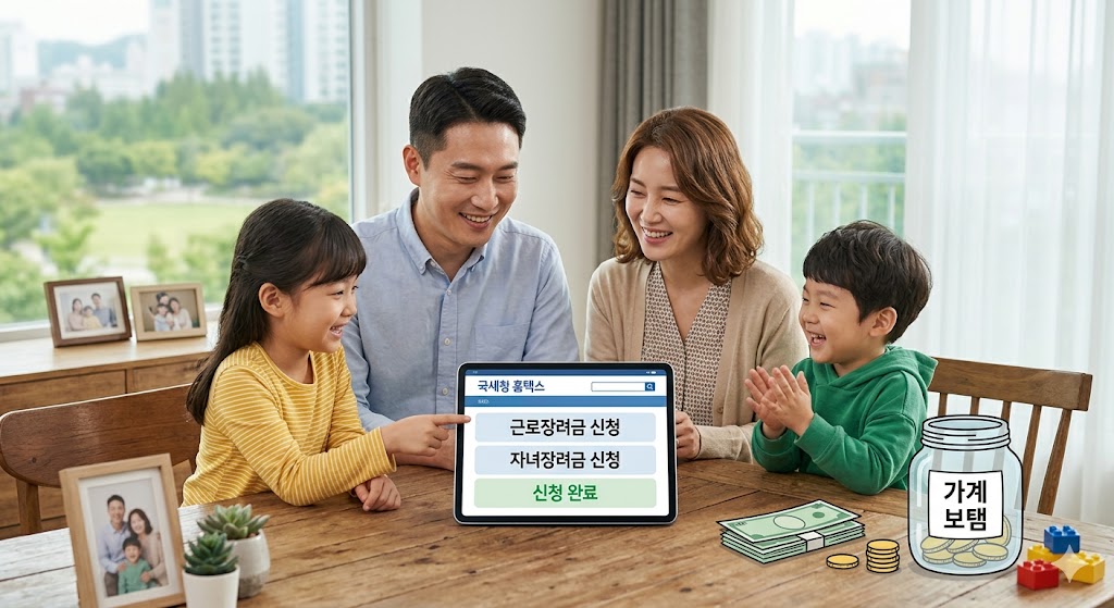2026년 근로장려금과 자녀장려금을 국세청 홈택스 앱으로 신청하며 기뻐하는 한국인 가족의 모습과 가계 보탬을 상징하는 저금통 이미지