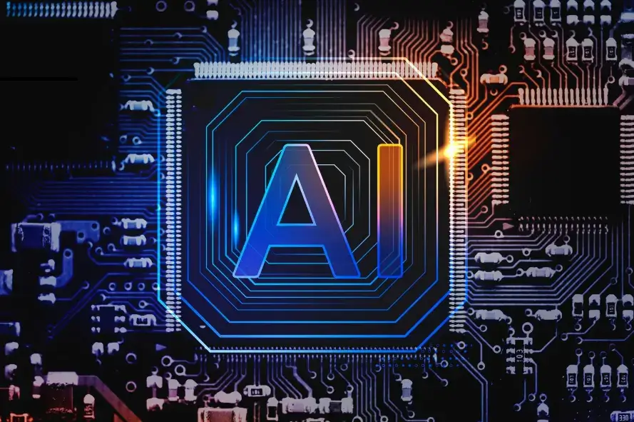 AI 반도체 이미지&amp;#44; 마이크로칩 회로 위에 인공지능 로고가 삽입된 그래픽