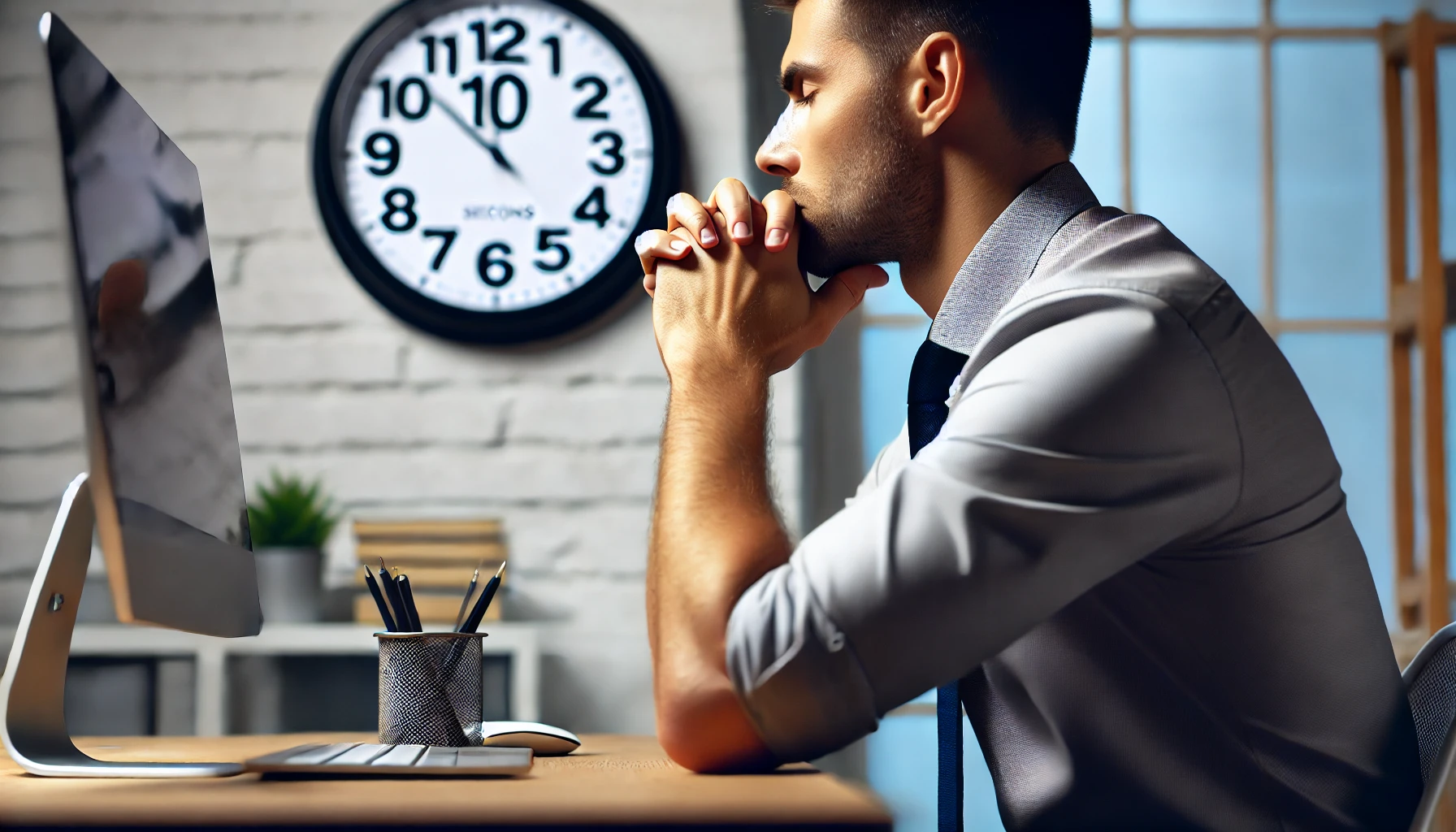 사무실에서 10초 호흡 명상를 하는 직장인의 모습.