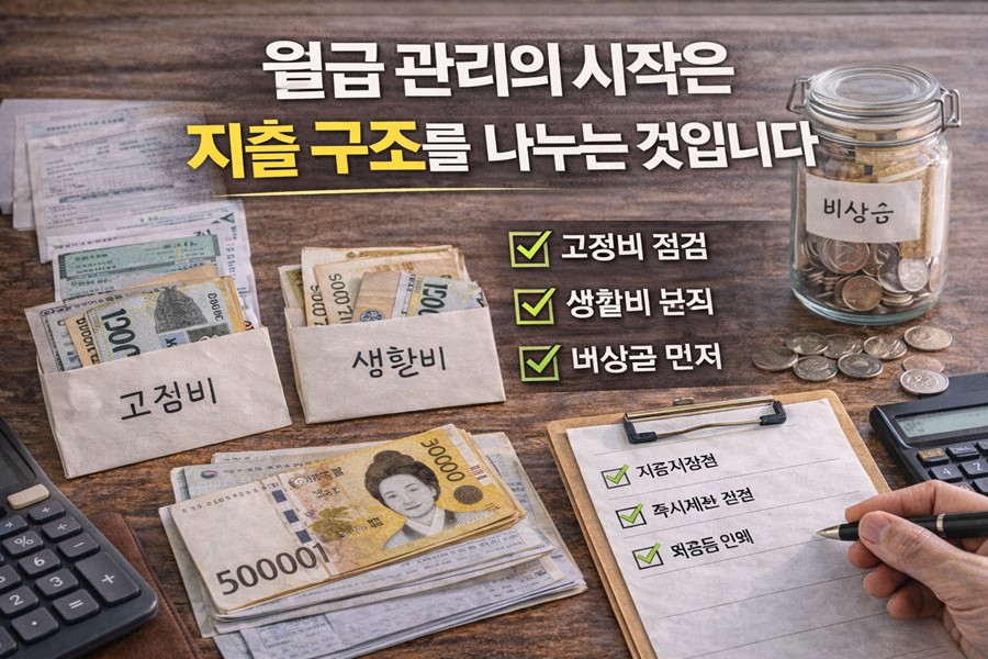 월급이 들어온 뒤 고정비, 생활비, 비상금, 저축으로 나누어 지출 구조를 정리하는 모습을 설명하는 지출 관리 이미지입니다.