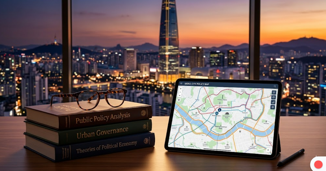 창밖으로 보이는 복잡한 도심의 전경이 어우러진 분위기