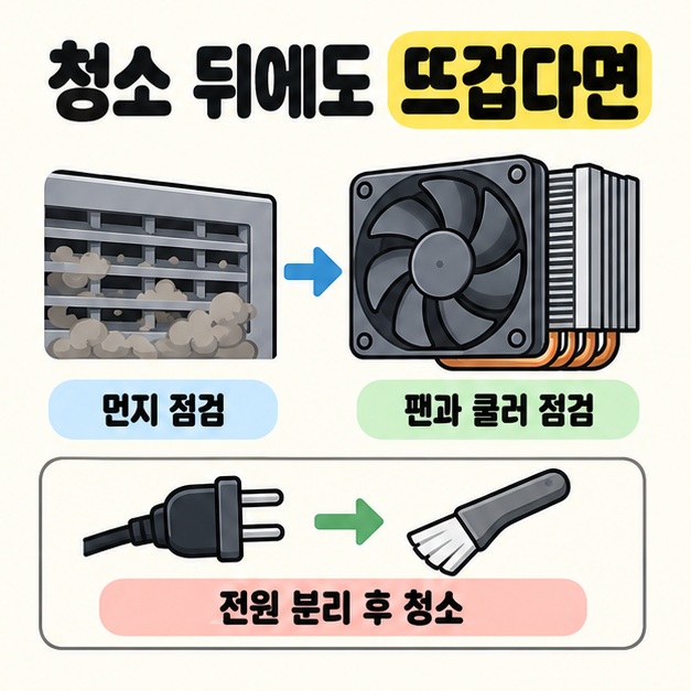 먼지 낀 통풍구와 팬 및 쿨러를 연결하고 전원 플러그와 청소 도구 아래 전원 분리 후 청소를 표시한 점검 안내