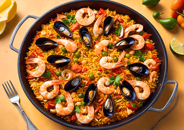 둥그런 냄비에 노란 볶음밥이 있고 그 위에 홍합, 새우들이 가득 올려졌다.