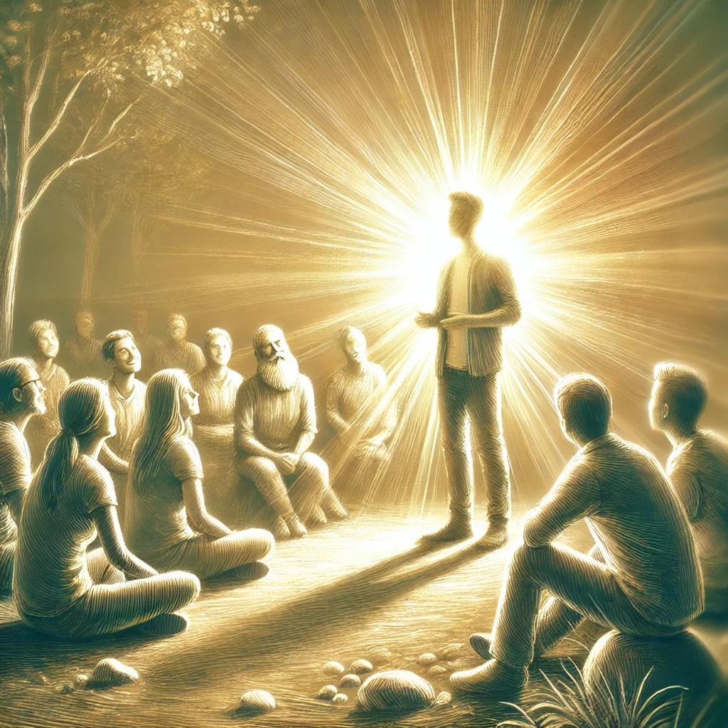 Here is an image depicting the scene you requested&mdash;showing a person filled with the life of Christ sharing the Gospel, surrounded by others listening with curiosity and awe. It captures the sense of peace, joy, and purpose that comes from sharing the precious message of life in Christ.