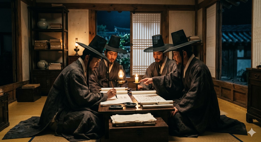 조선 시대 선비들이 은밀하게 모여 격문을 작성하는 어두운 방안의 풍경