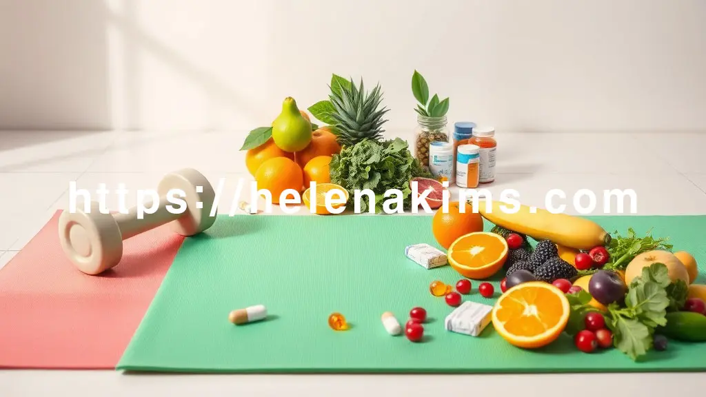 밝은 배경 위에, 약병, 알약과 함께 요가 매트, 가벼운 아령, 그리고 신선한 과일과 채소가 조화롭게 놓여 있는 모습.