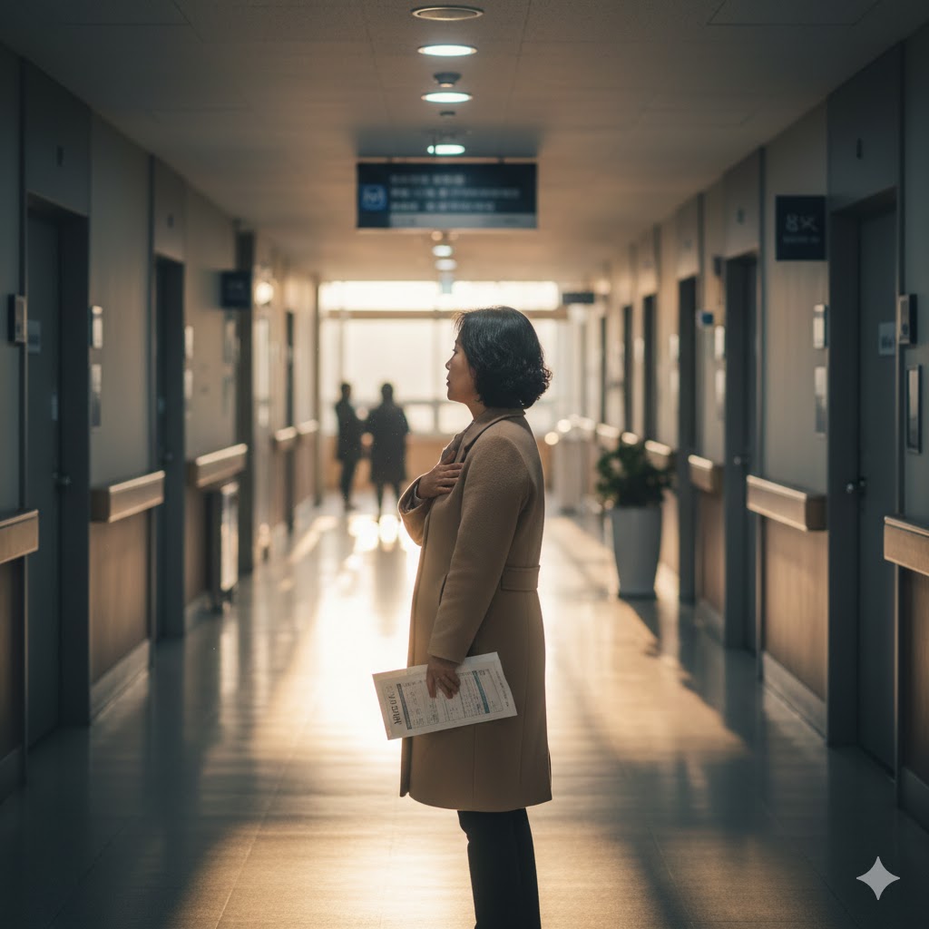 뇌종양 수술을 기다리는 환자의 절박함과 희망이 담긴 병원의 긴 복도 풍경 사진