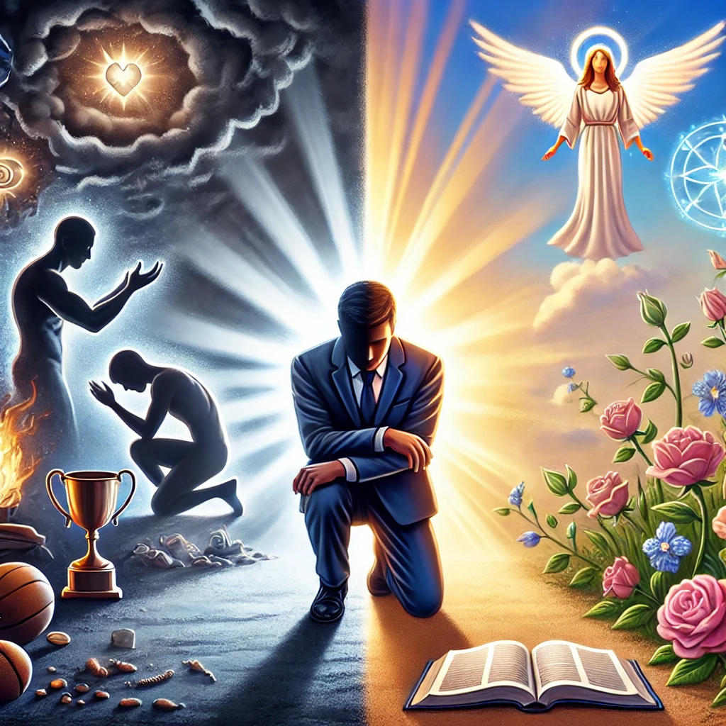 Here is the image illustrating the transformation and spiritual renewal you described. It shows the contrast between worldly desires fading away and the light of spiritual growth illuminating the person in prayer.