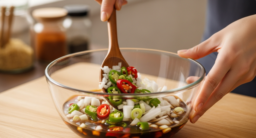 식혀진 간장 양념장에 다진 채소들을 섞는 모습