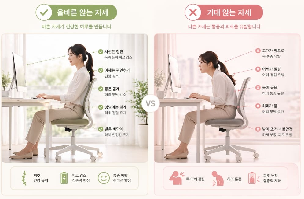 올바른 앉는 자세 vs 기대 앉는 자세 비교 사진