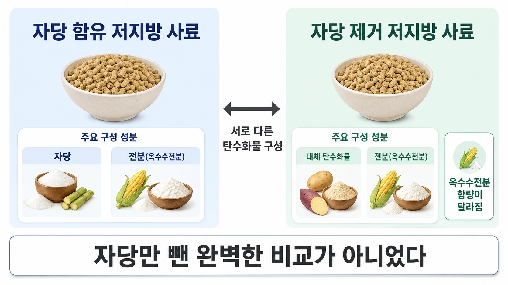 자당 함유 사료와 자당 제거 사료의 차이 및 옥수수전분 구성 변화를 비교한 도식
