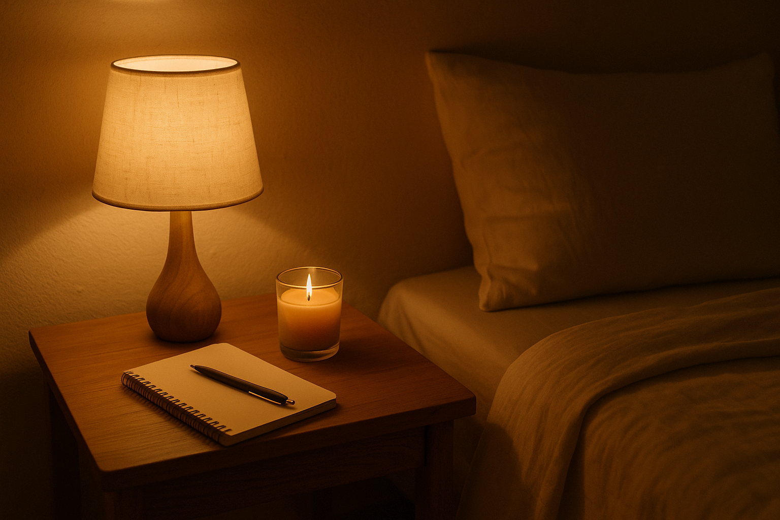 조명이 켜진 침실 테이블 위에 노트와 향초가 놓인 모습