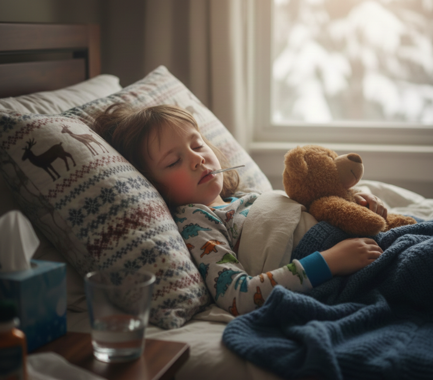 겨울철 아이가 독감에 걸려 누워 있는 모습
