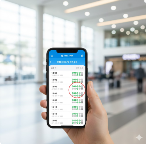 터미널 운행 시간표와 잔여 좌석 목록을 보여주는 화면
