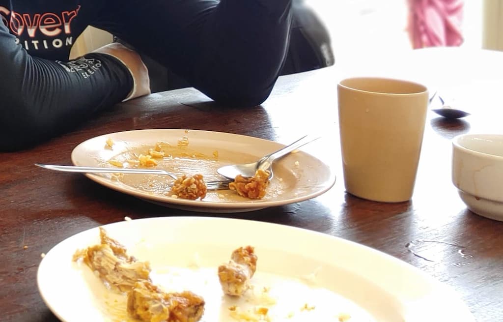 피피돈 섬 점심 식사에서 제공된 닭튀김 접시와 식사 후 남은 뼈 모습