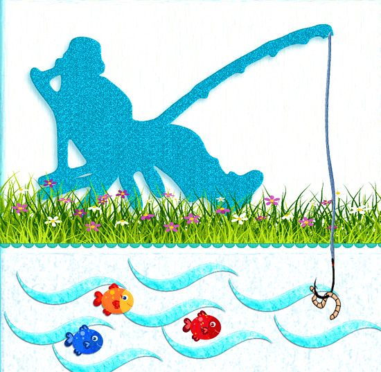 잔디밭 의자에 앉은 남자가 낙시대를 드리우고 있고 물 속에는 물고기 3마리가 주위를 맴돈다.