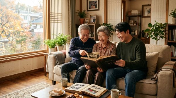 앨범을 보며 과거를 회상하는 부모와 자녀
