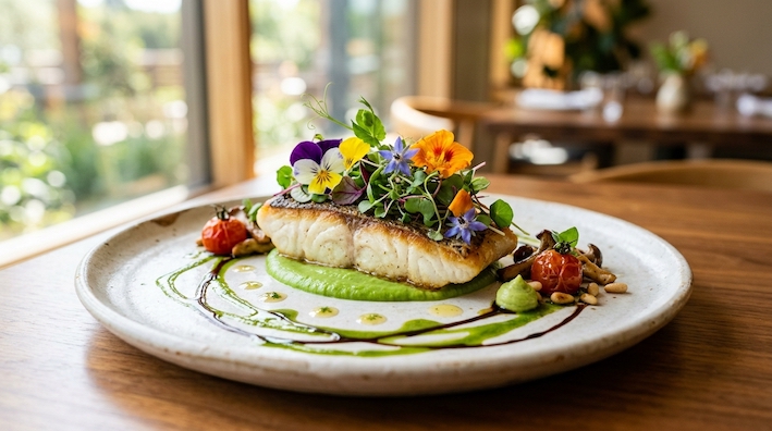 a dish with a piece of grilled fish decorated with flowers
