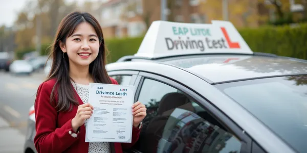운전면허학원에서 시험 합격 후 환하게 웃으며 인증샷을 찍는 모습