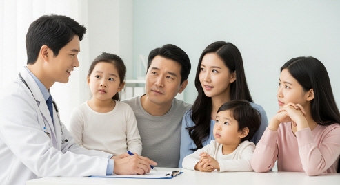 전문가가 방문 진단 후 가족에게 관리 팁을 설명하는 모습