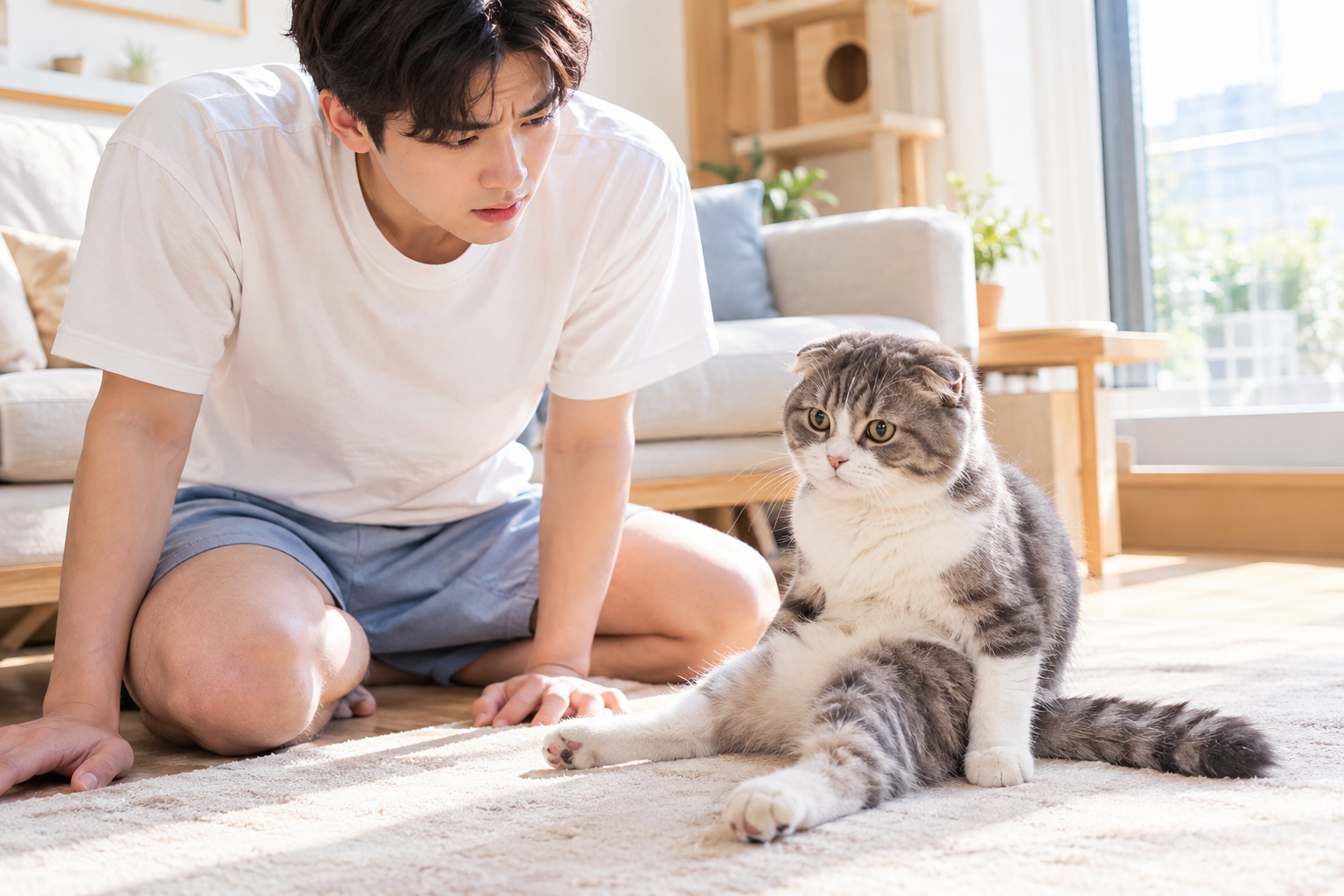 고양이가 뒷다리를 어색하게 두고 앉아 있는 모습